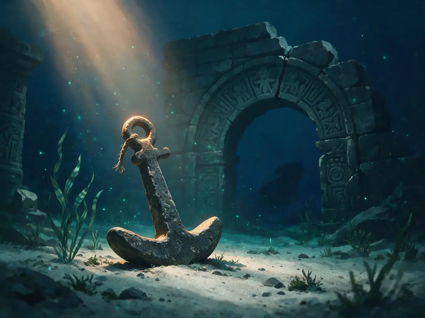 Ancient stone anchor on the seabed